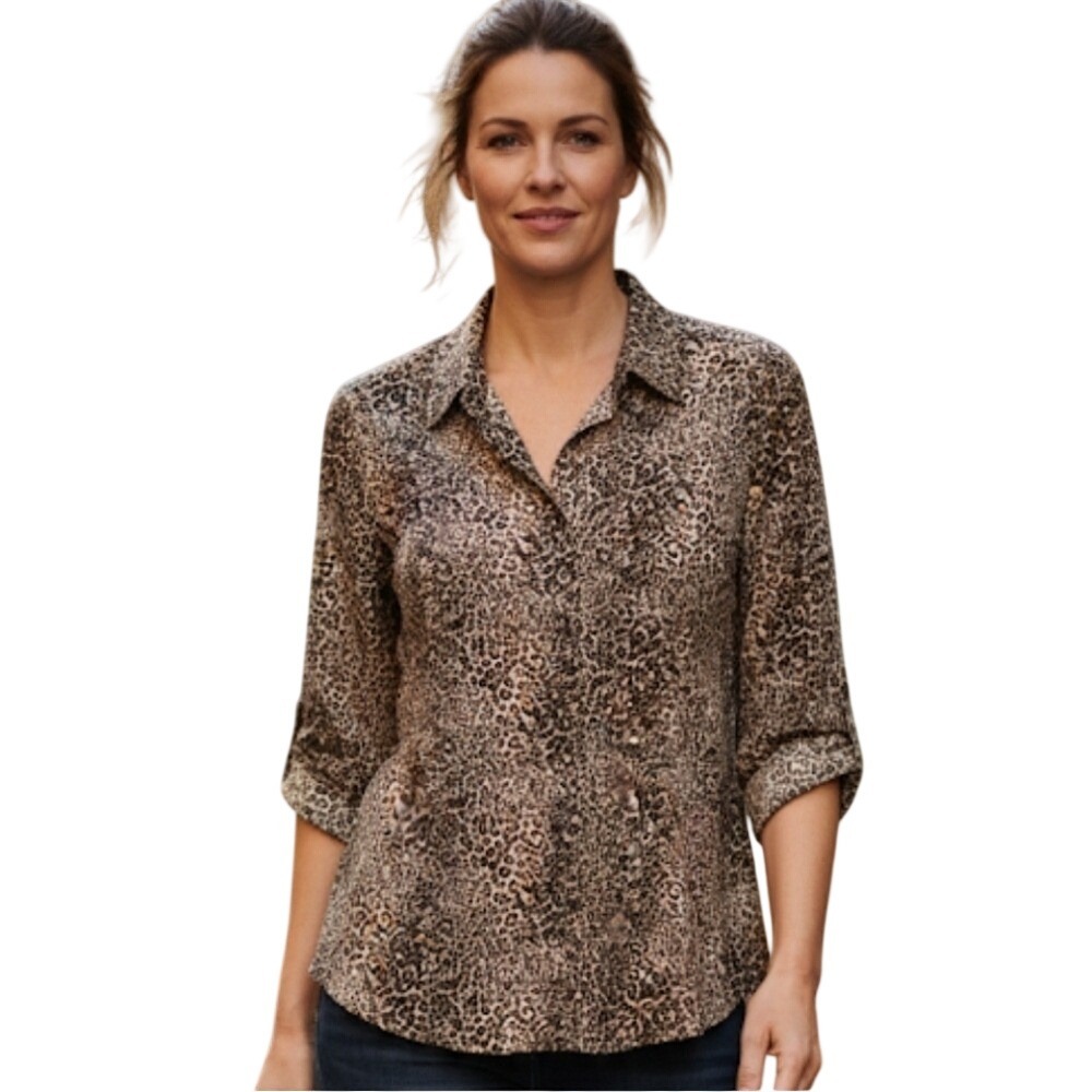 Vintage Northern Reflections Womens Animal Print Button-Up Top USA Boho Brown L